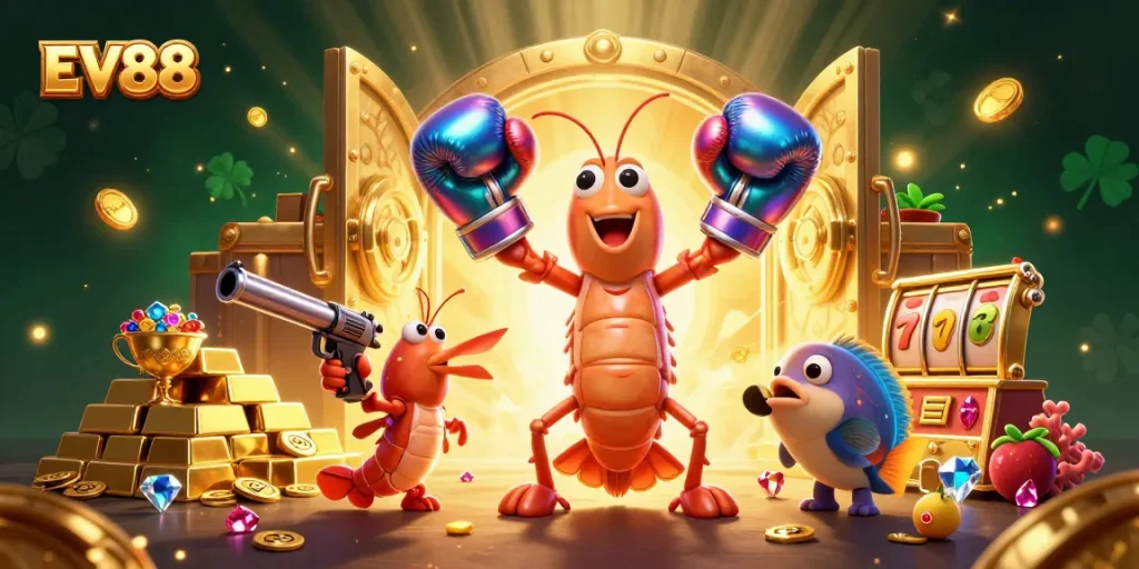 Experience the thrilling action at EV88 casino with colorful characters and exciting game elements.