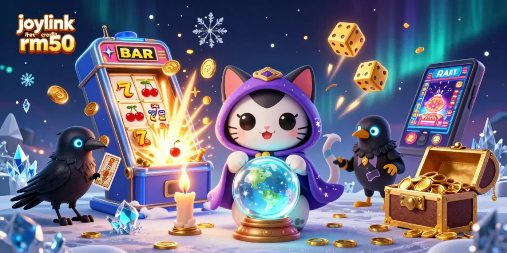 Spin and win with joylink free credit rm50 in an exciting 3D casino illustration featuring vibrant slot elements.