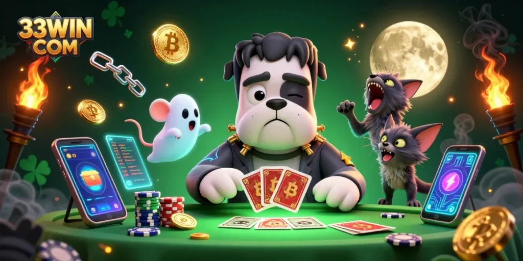 Experience thrilling gameplay at 33WIN COM with a vibrant casino scene featuring unique characters.