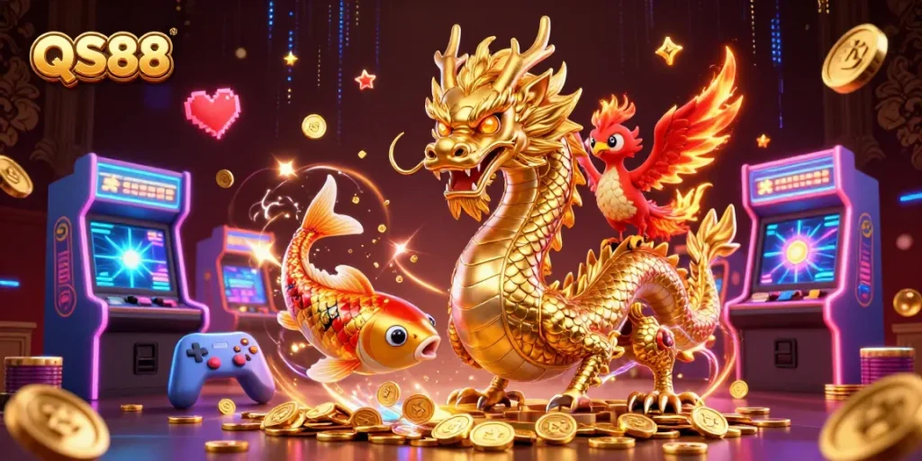 Experience the thrill of QS88 with a dynamic casino-themed illustration featuring magical creatures and gaming elements.