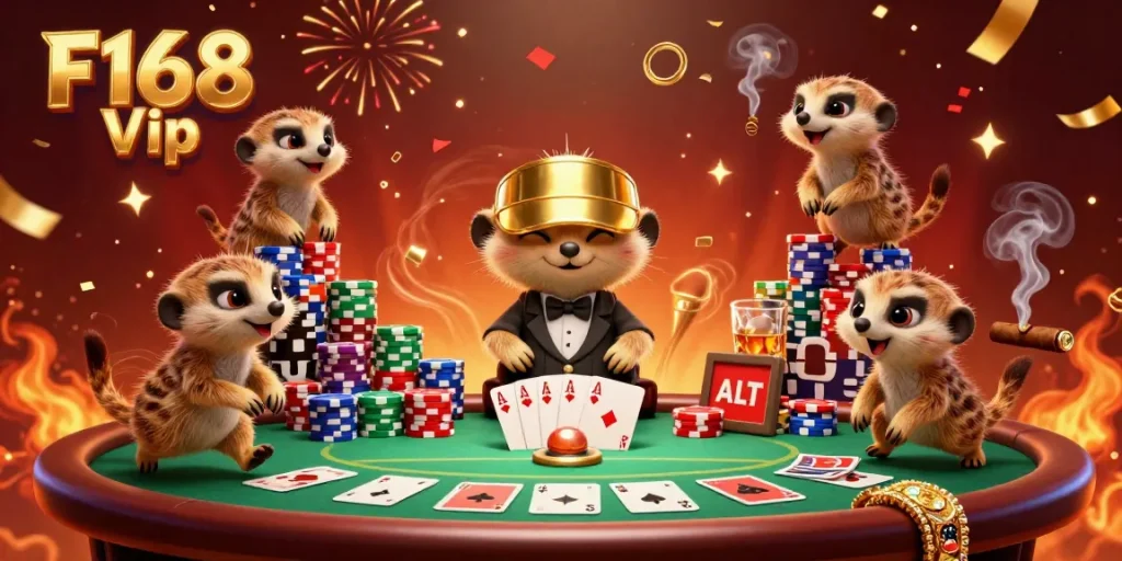 Win big with F168 Vip in this bustling meerkat casino scene featuring poker action and vibrant celebration.