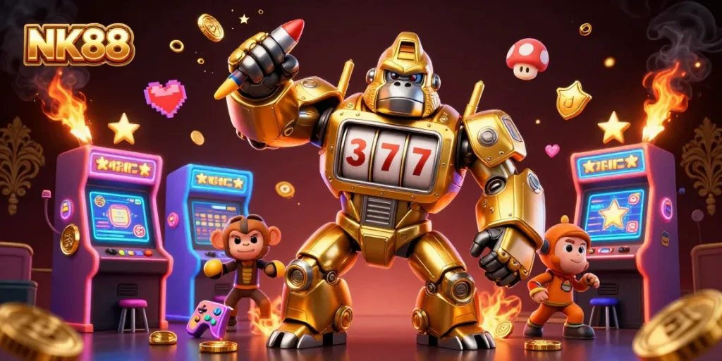 Experience thrilling games with NK88's exciting 3D casino illustration featuring dynamic characters and elements.
