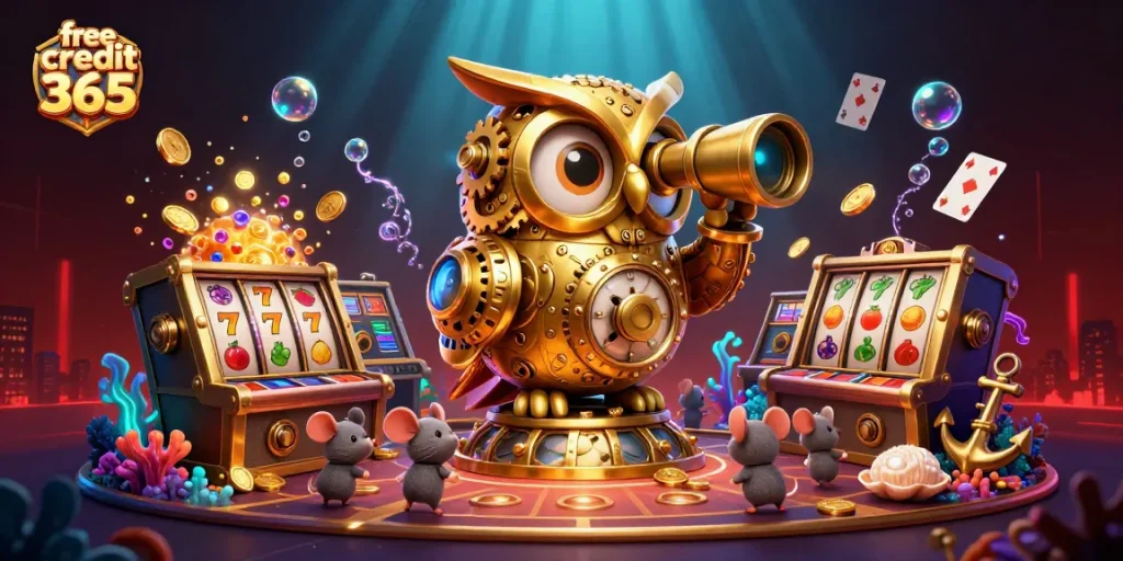 Experience the thrill of free credit 365 with colorful, dynamic casino elements in a vibrant 3D scene.