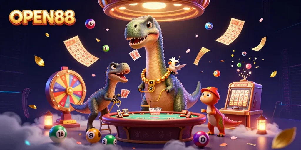 Engage with OPEN88's vibrant gaming world featuring a brontosaurus amidst dynamic lottery elements.