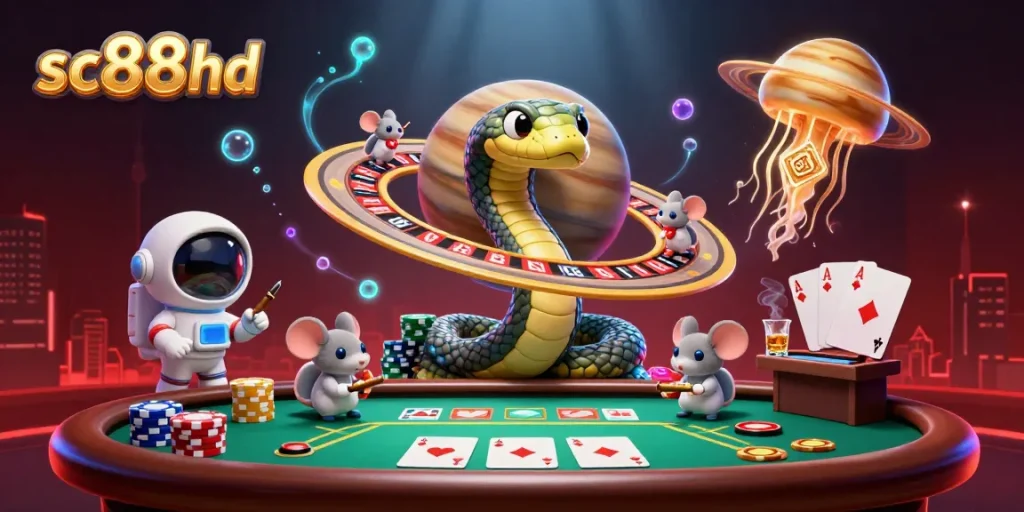 Engage in thrilling bets at sc88hd with a cosmic-themed illustration of betting astronauts and vibrant casino elements.