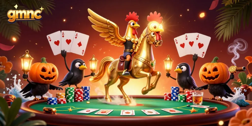 Experience the allure of gmnc in a vibrant casino scene featuring a golden rooster and friends.