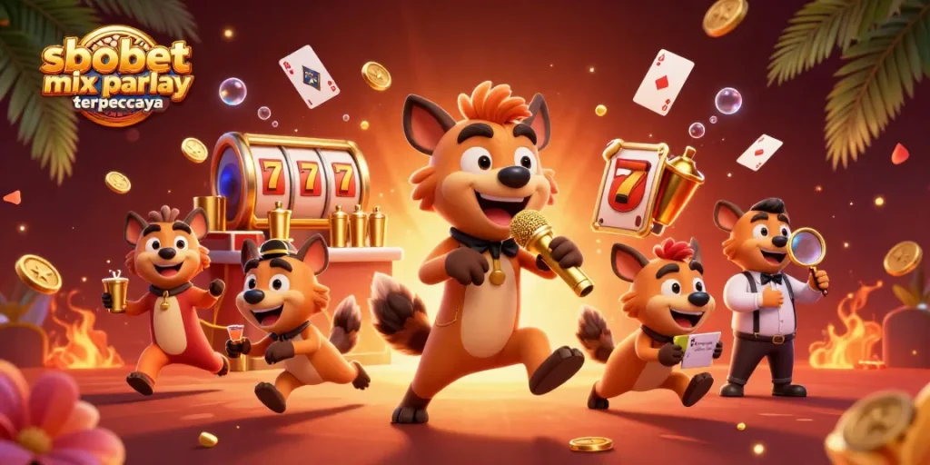 Engage with sbobet mix parlay terpercaya in this vibrant casino scene featuring hyenas in a comedy club.