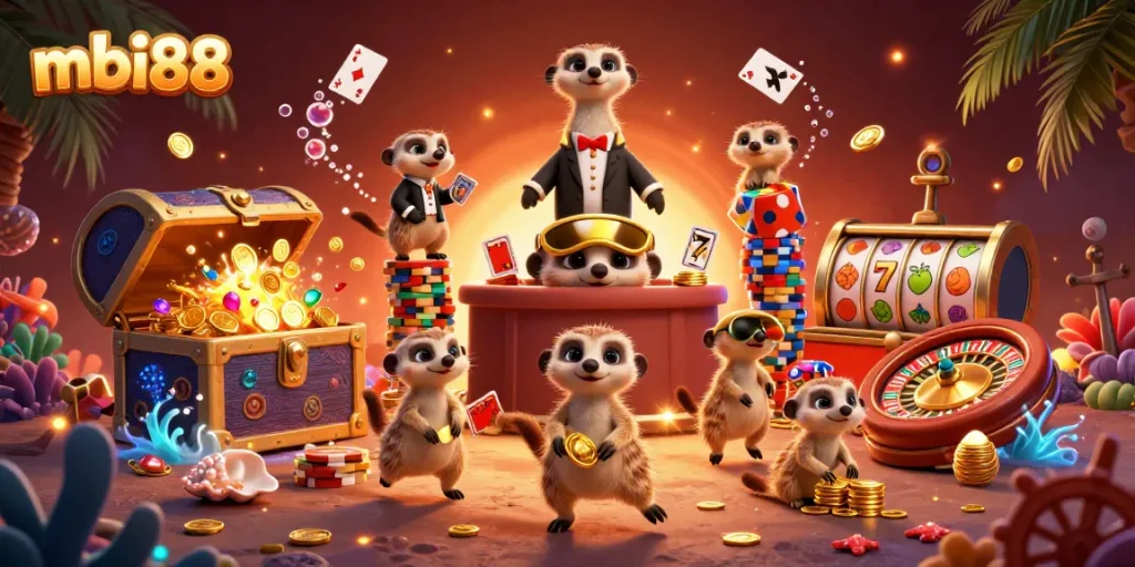Win big at mbi88 with playful meerkat dealers and vibrant casino elements in a dynamic scene.