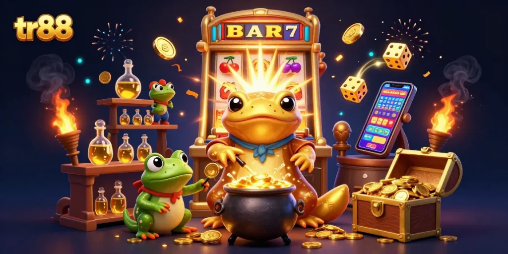 Spin and win big with tr88 in this vibrant 3D casino scene filled with golden rewards!